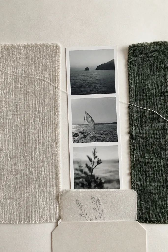 A page with two fabric swatches side by side. A thin line of thread runs along a stitched path across the page, and a small printed photo strip sits between the swatches. A handwritten message is tucked under a small paper tab.