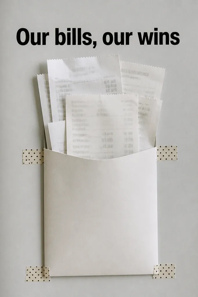 A page with a light grey background. A vertical pocket holds several stacked receipts. A bold label at the top reads "Our bills, our wins" in black. Small washi tape strips secure the pocket edges.