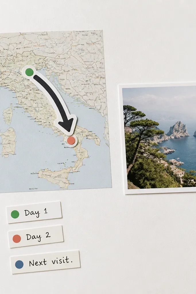 A page with a white background and a small printed map of a country. A thick sticker arrow points from one location to another. A single photo sits near the arrow, and three tiny sticker labels read "Day 1," "Day 2," "Next visit."