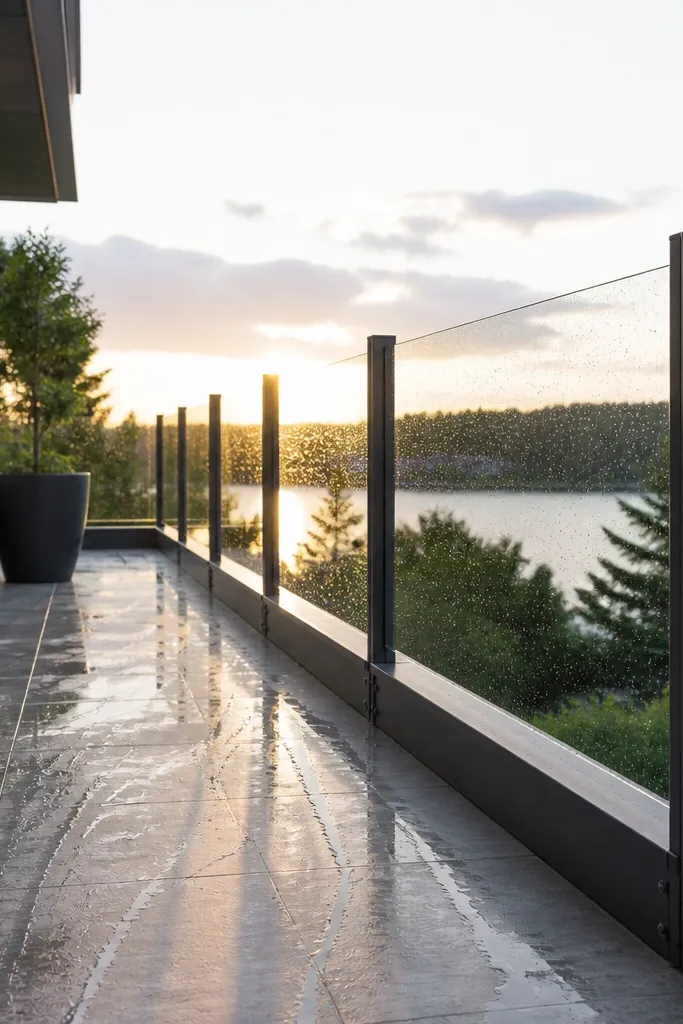 Clear glass panels with slim black powder-coated posts and minimal visible hardware