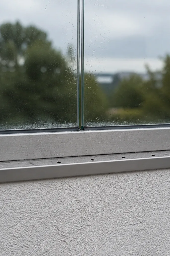 Clear glass with a slim bottom metal channel that has small drain holes