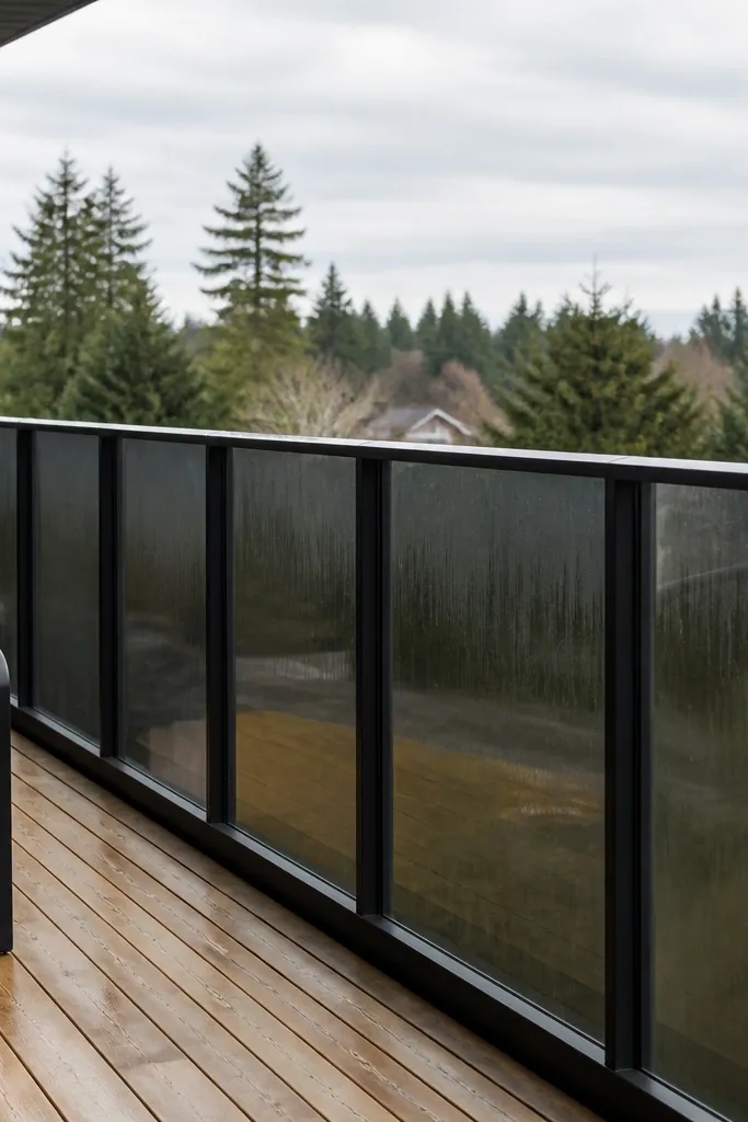 Smoked grey glass panels with matte black metal frame sections