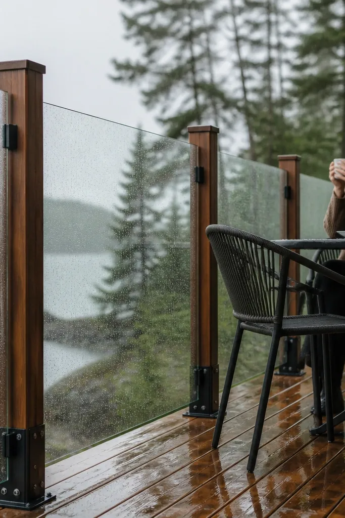 Clear glass panels with slim wood-accent posts and metal brackets