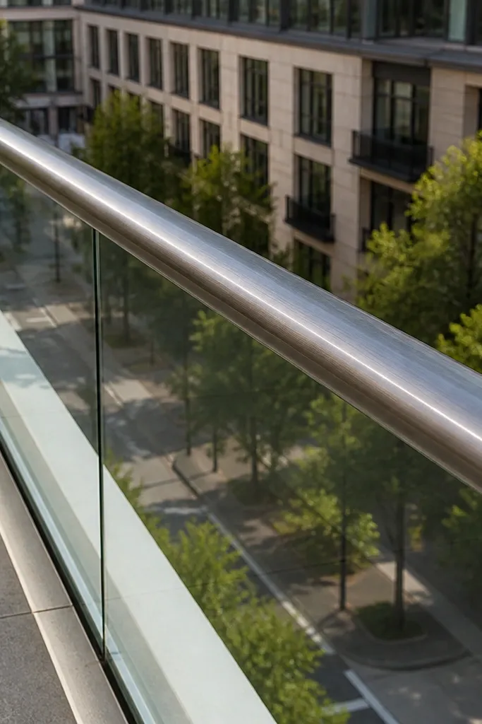 Clear glass panels with a continuous brushed stainless handrail on top