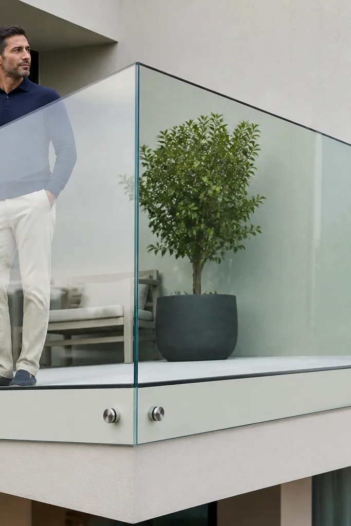 Near-frameless clear glass panels with small hidden wall anchors