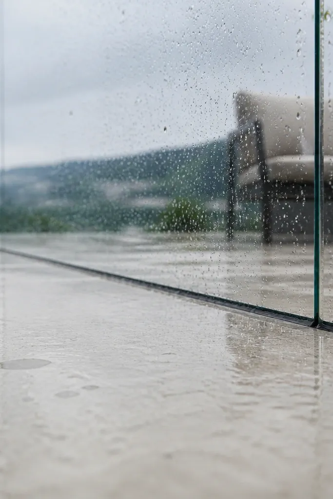 Clear glass panels with hidden bottom brackets under the railing line