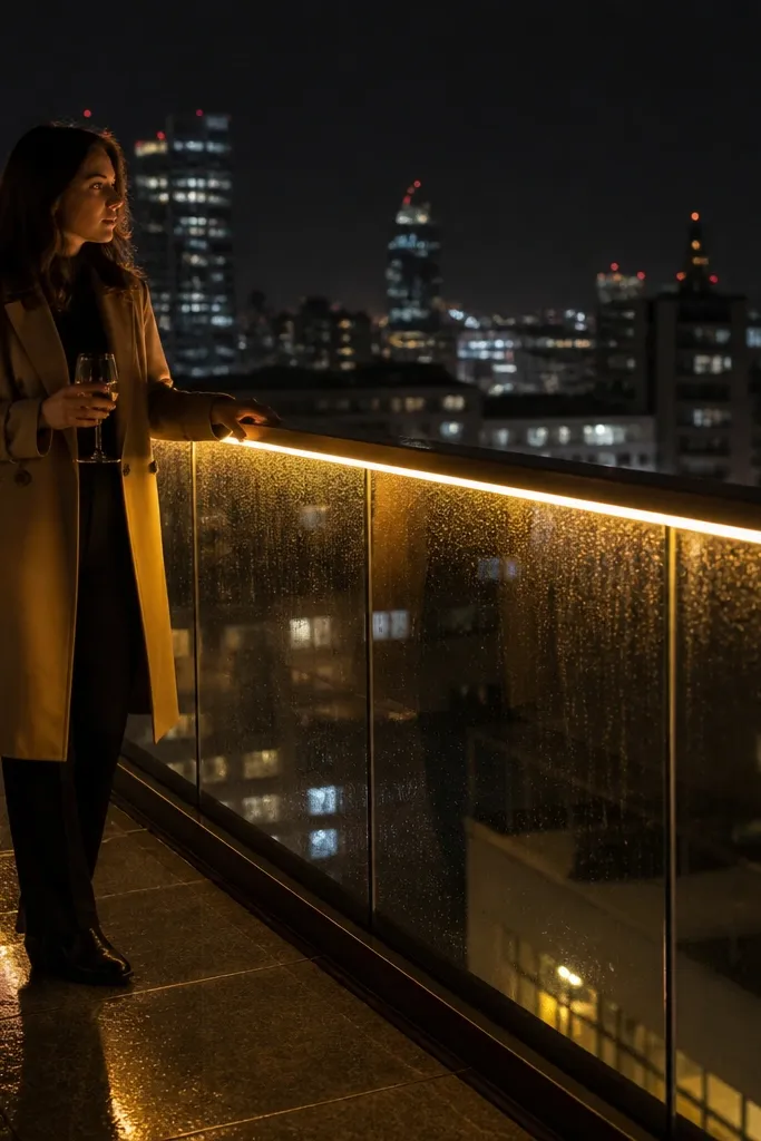 Clear glass railing with a slim recessed lighting channel along the top