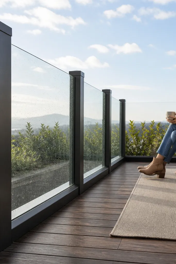 Clear glass panels with matte charcoal posts spaced evenly along the railing