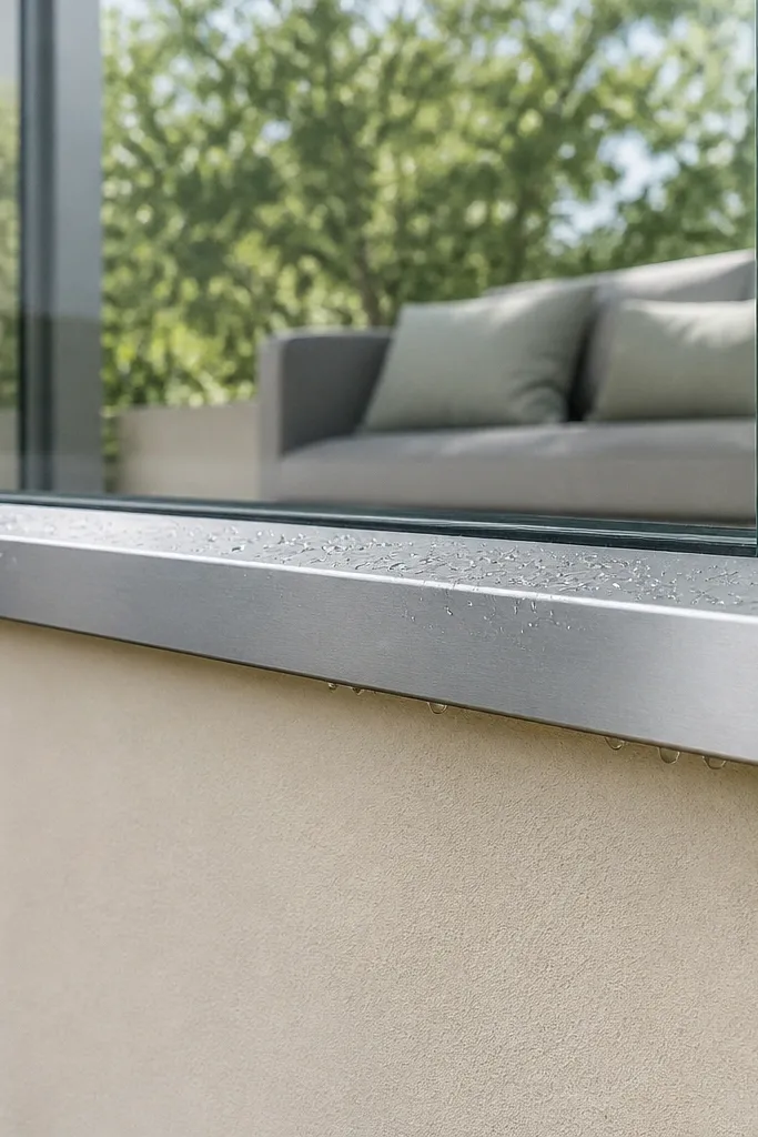 Clear glass panels with recessed screw line covered by thin metal strips