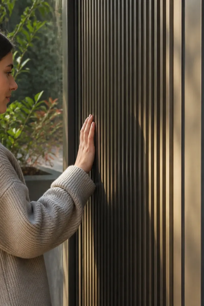 Clear glass panels with vertical ribbed aluminum inserts in the frame
