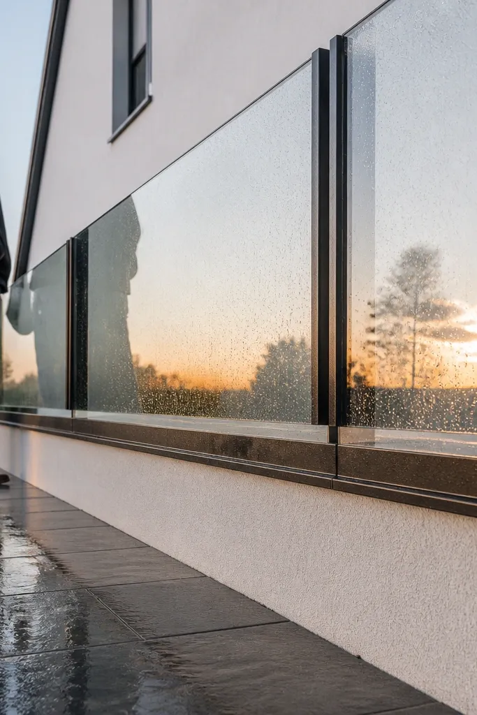 Clear glass panels with thin laminated safety strips and a hidden drip edge channel.