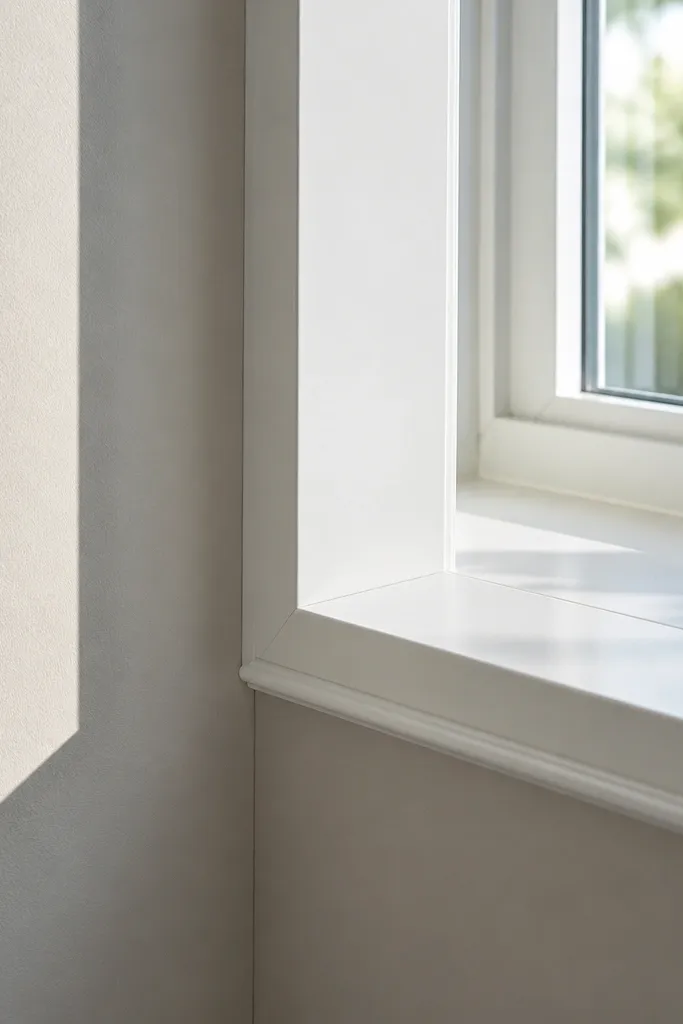 White bay window trim with smooth corners and a clean painted sill