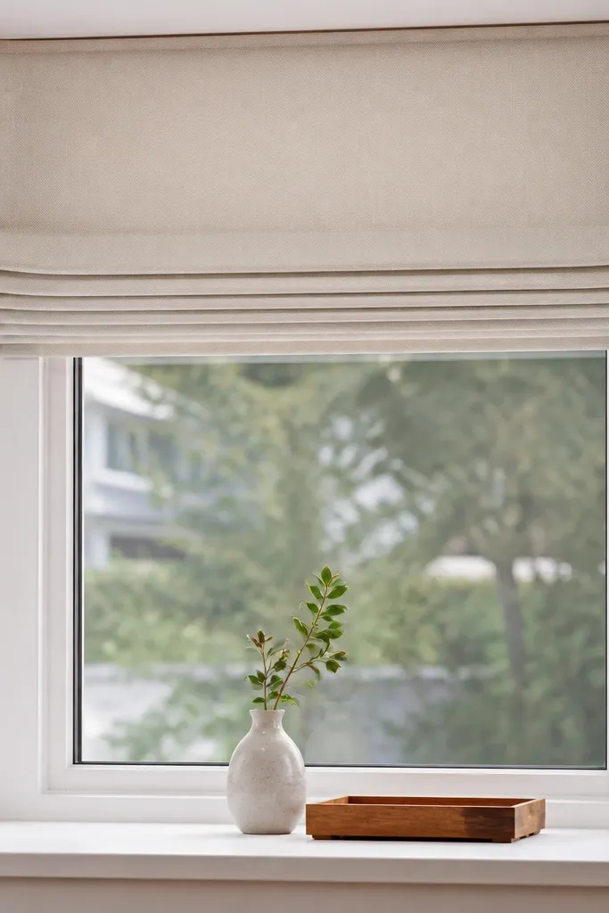Light gray roman shade panels rolled up on a bay window
