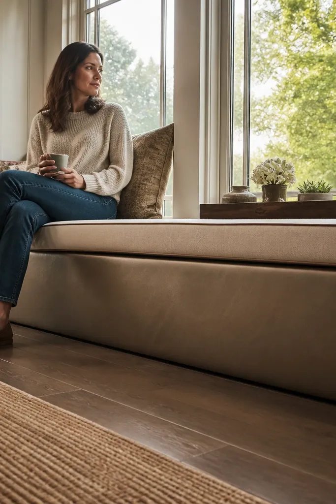 Cream faux-leather bench skirt under a bay window with clean straight edges