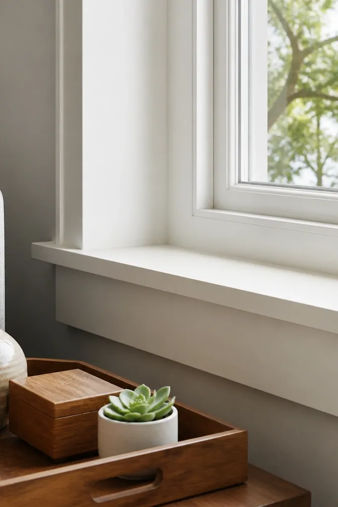 Soft off-white sill and trim with a smooth matte surface