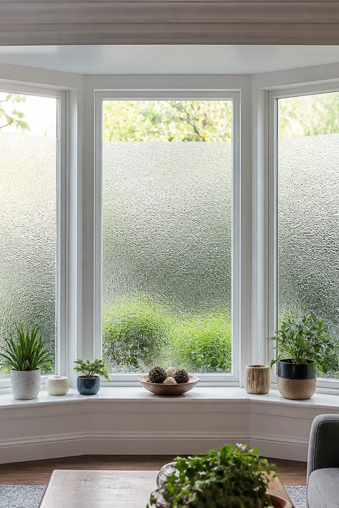 Transparent privacy film on a bay window with soft frosted pattern