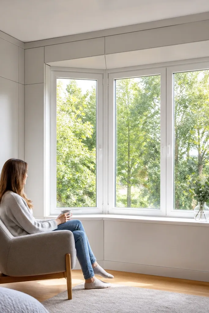 Matte white paneling on the walls around a bay window with clean seams