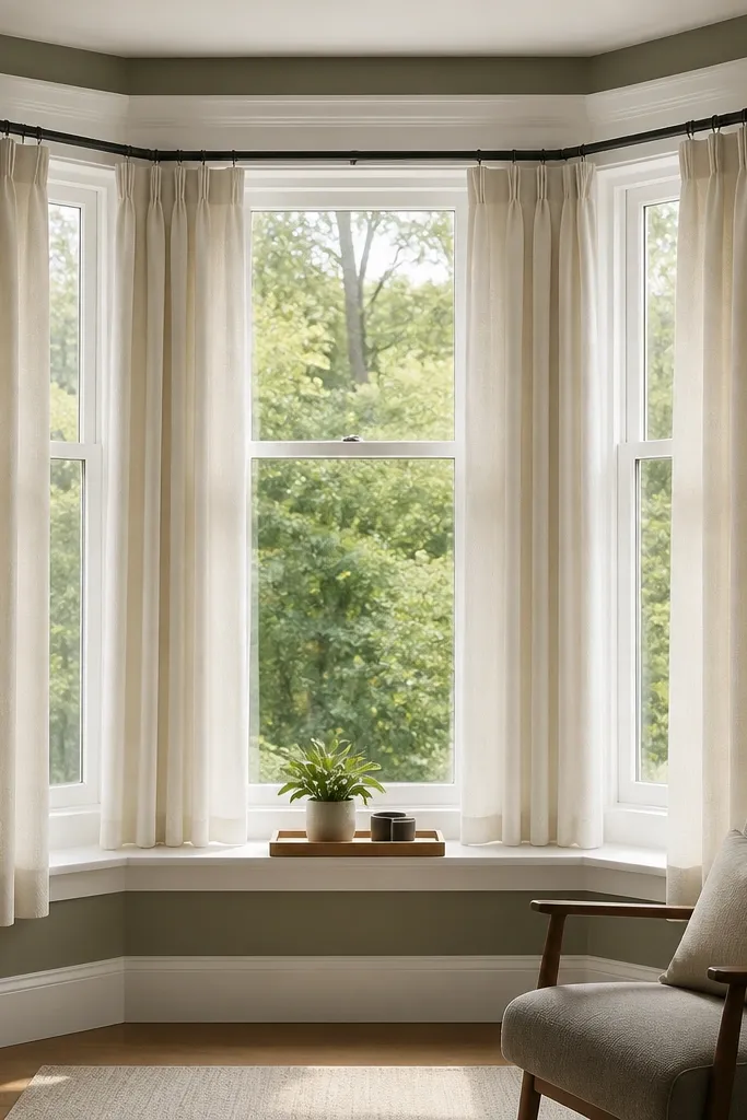 Sheer-curtain panels held by magnets on a bay window rod