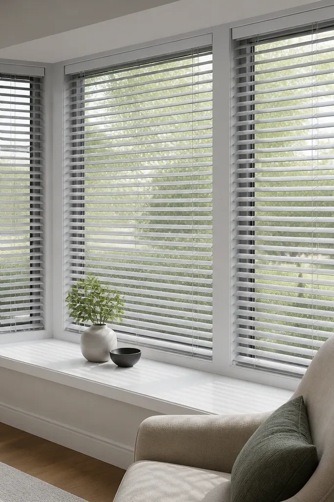 White aluminum slat blinds in a bay window with crisp lines
