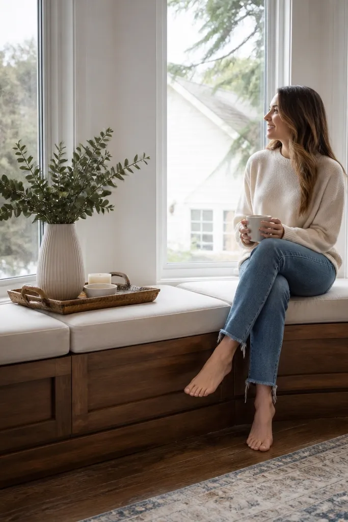 Modern window seat with neutral cushion covers under a bay window