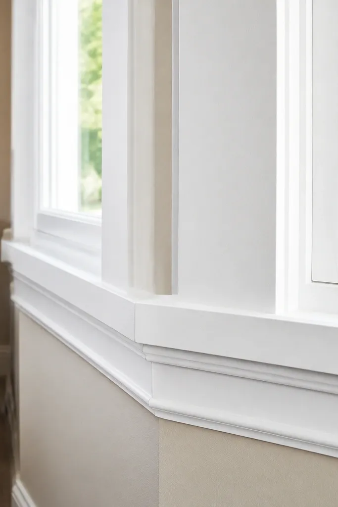 White trim wraps smoothly around bay window corners with no gaps
