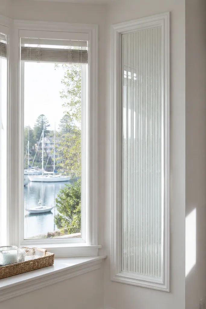 White beadboard panels with clear glass sections near a bay window