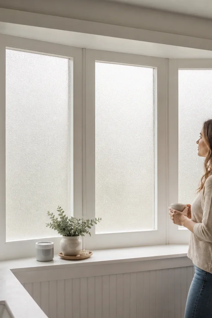 Matte frosted glass inserts in a simple white frame around bay sections