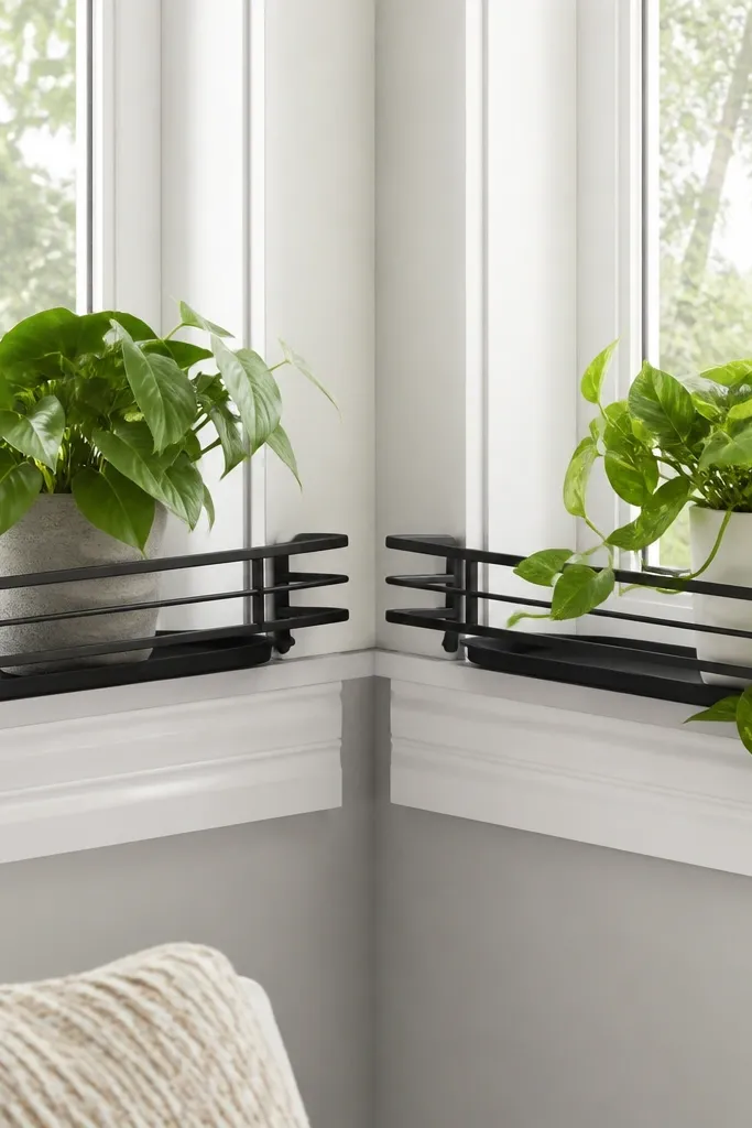 Small plant rails at bay corners with removable trays for watering