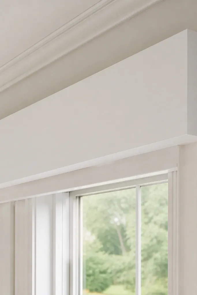 Matte white valance panel above a bay window with clean straight lines