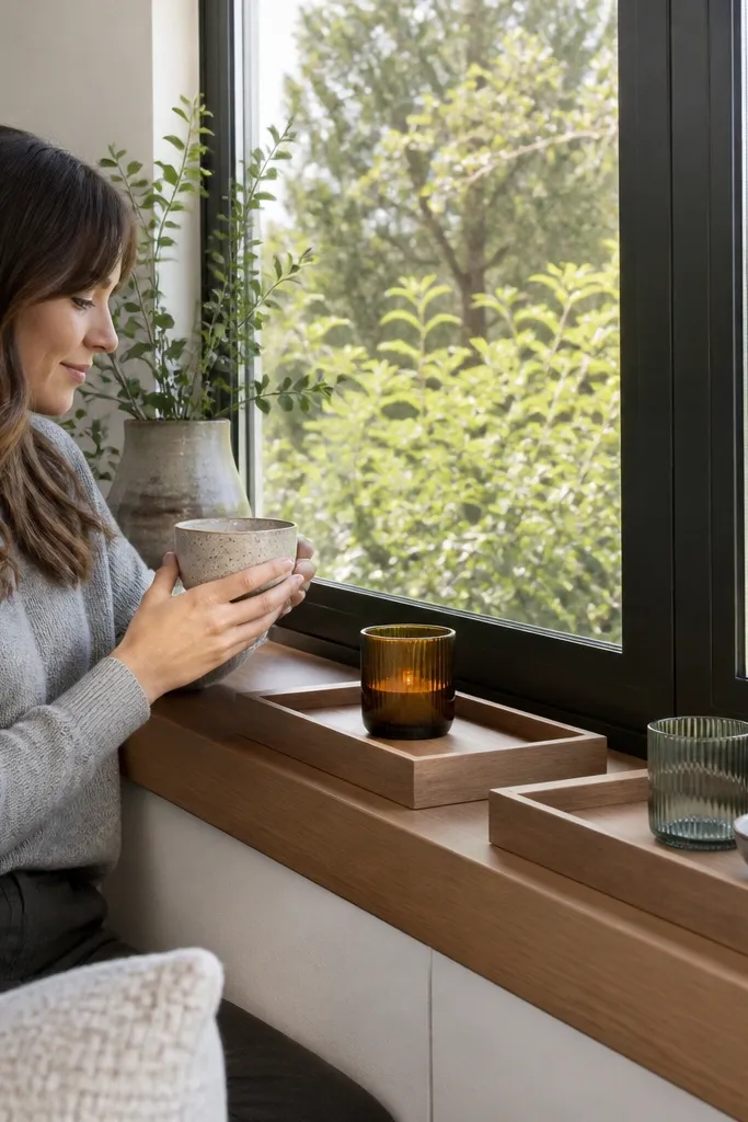 Two shallow sealed wood trays on a bay window sill with minimal items