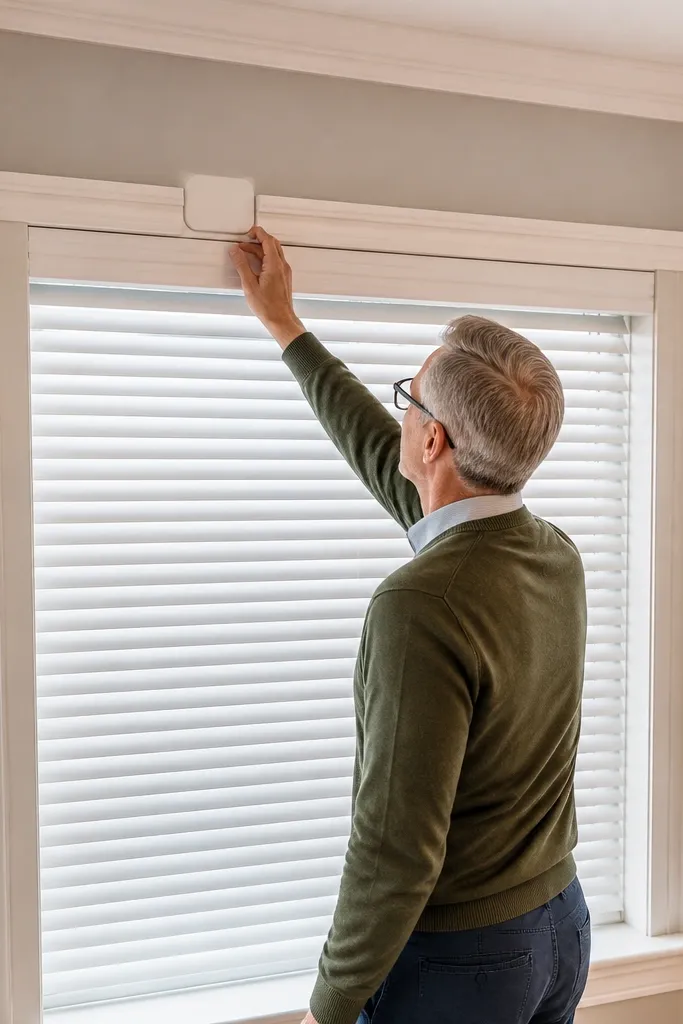 Clean bay window with smart blind setup and no visible cords