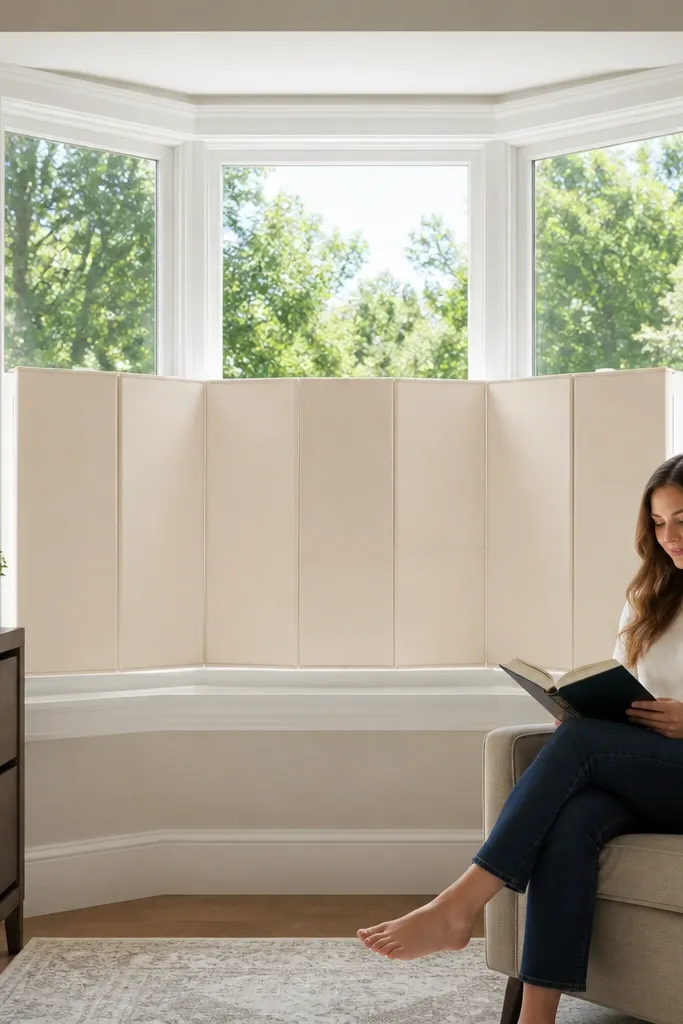 Two-panel folding screen in front of a bay window with straight lines