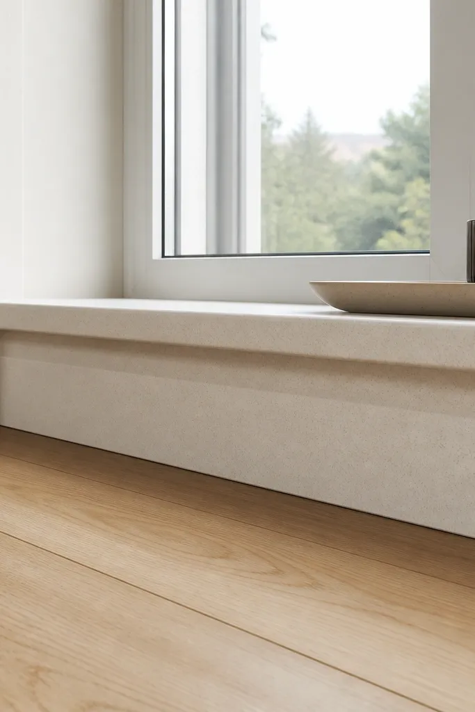 White bay sill skirt with rippled quartz-look panels and snap trim edge