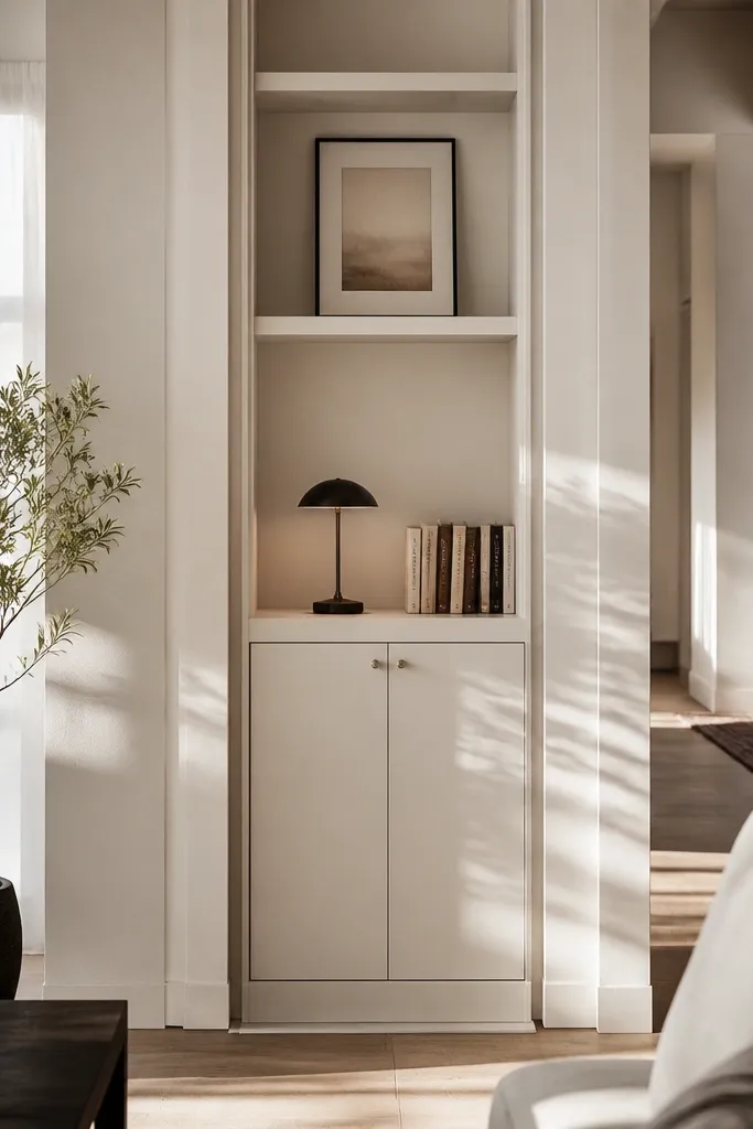 Soft white built-in shelves with open cubbies above closed cabinet doors below
