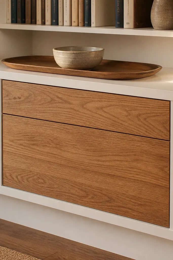 White built-in shelves with woodgrain laminate shelves and warm-toned decor