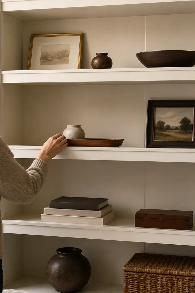 Deep built-in shelves with a small ledge rail for trays and neatly styled decor