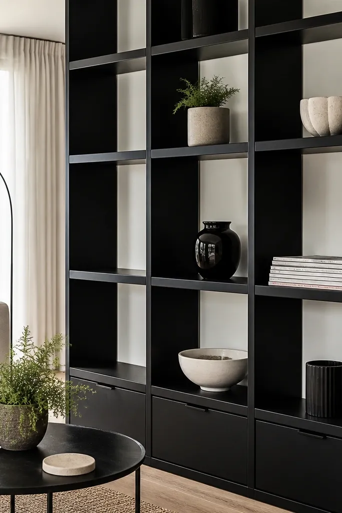Black built-in shelves with white back panels behind open cubbies
