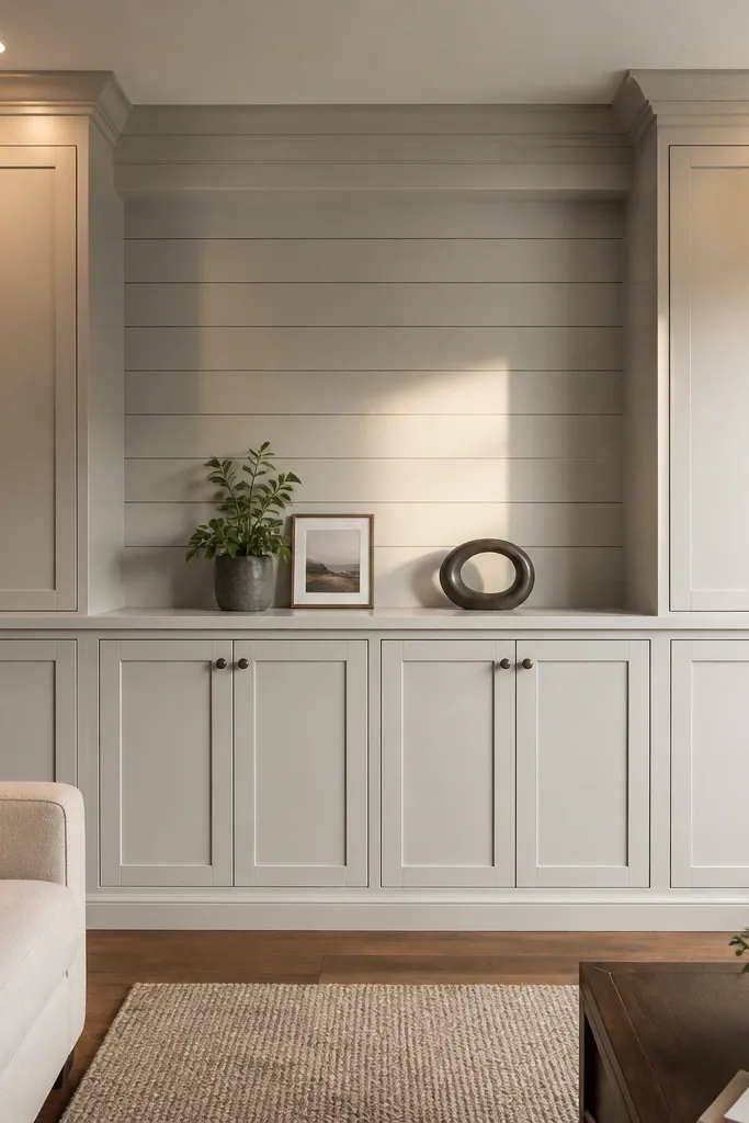 Built-in shelves with shiplap-style back panels and closed cabinets on the sides