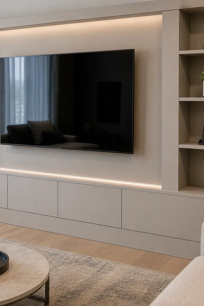 Built-in shelves around a media area with a hidden cable channel behind open sections