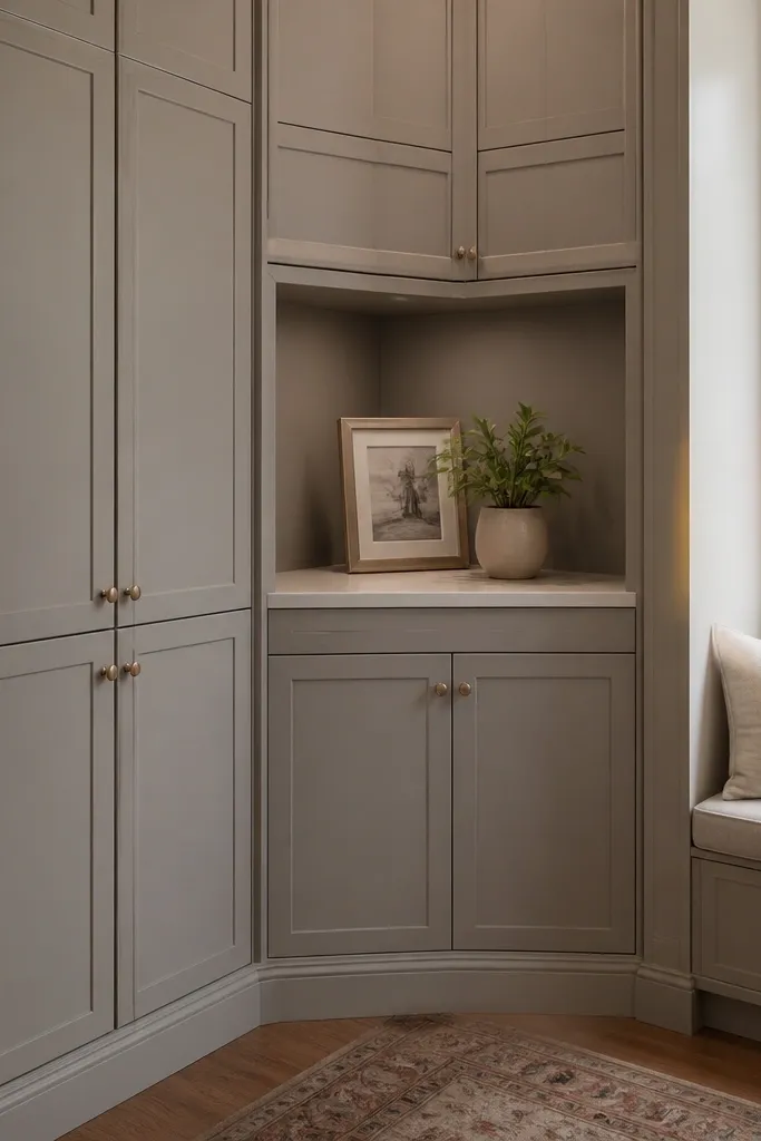 Corner built-in shelves with a 45-degree shelf and one open display section