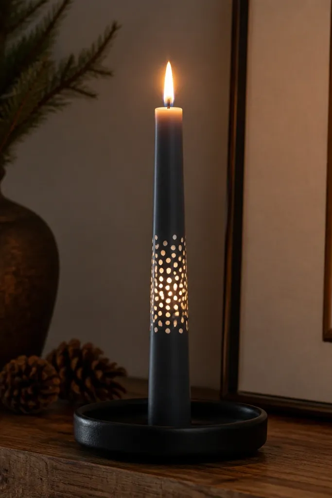 Taper candle with a band of white dots on a deep navy base