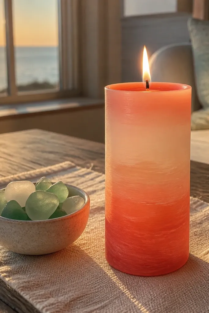 Taper candle with a peach to coral ombre band and soft brush lines