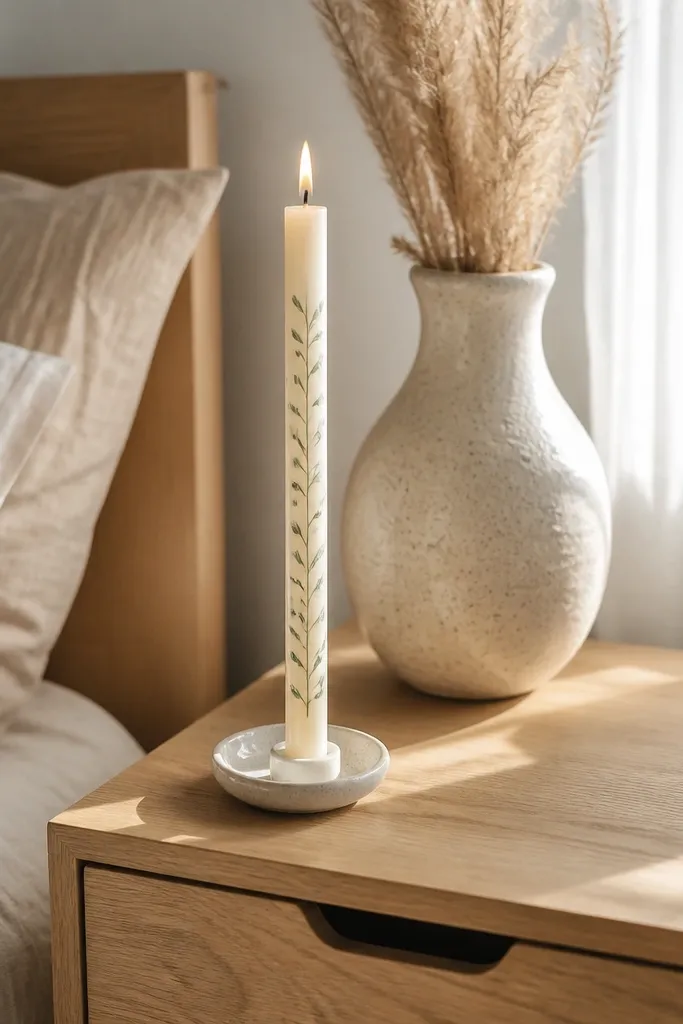 Taper candle with a thin green one-line sprig curving up the side