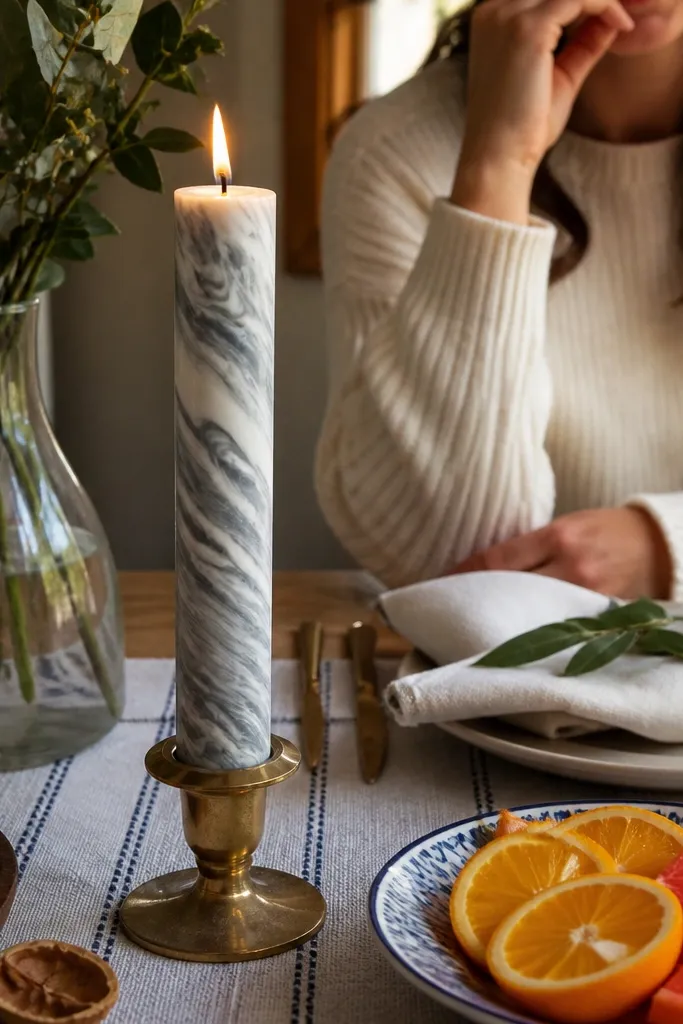 Taper candle with gray marble veining on a soft white base
