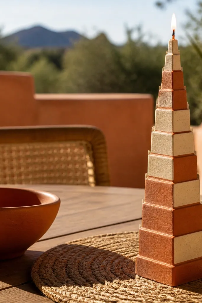 Taper candle with terracotta and cream stepped geometric bands