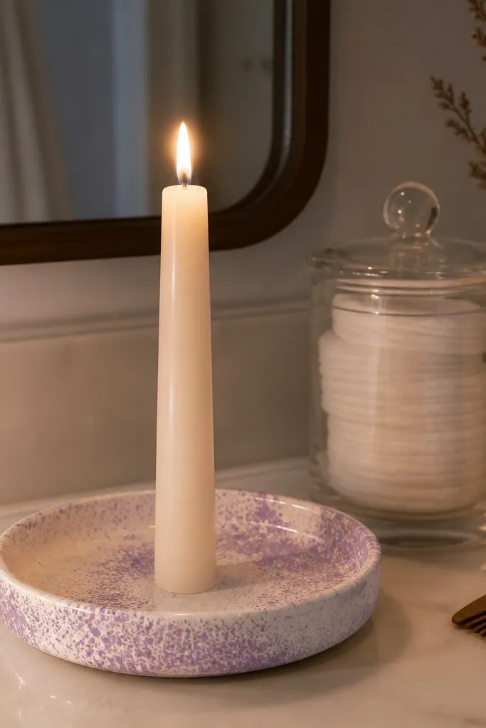 Taper candle with lavender speckles scattered over a pale base