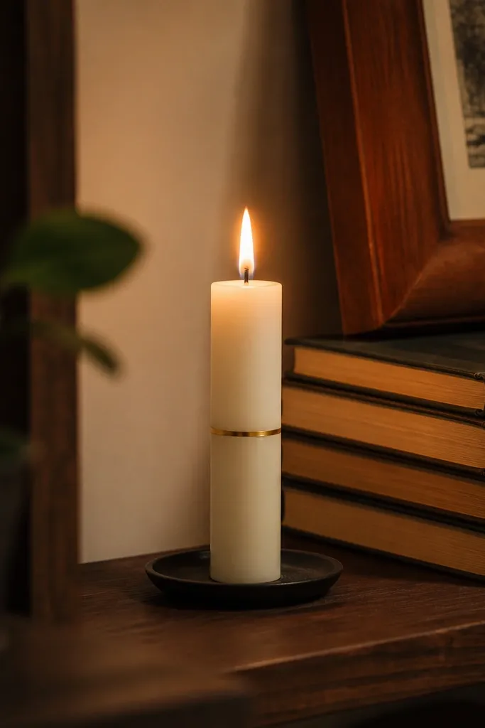 Taper candle with a thin gold foil halo around the midsection