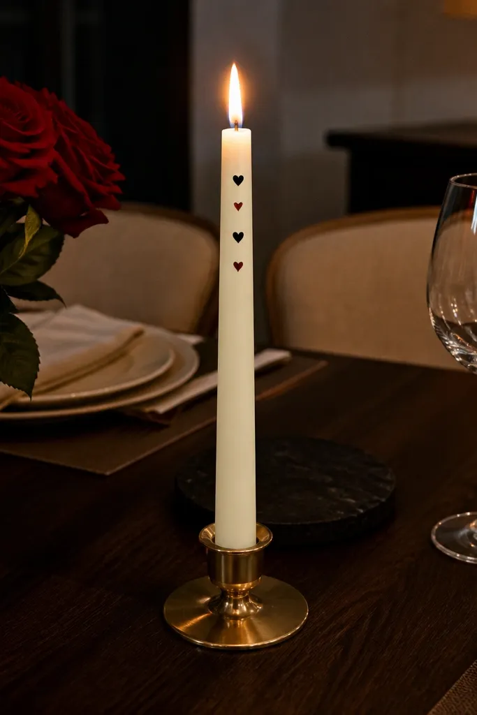 Taper candle with small black hearts and deep red highlights near the top