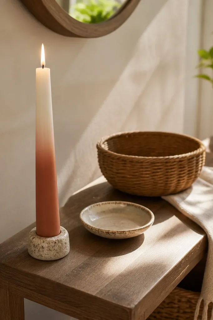 Taper candle with terracotta dipped bottom fade into warm white