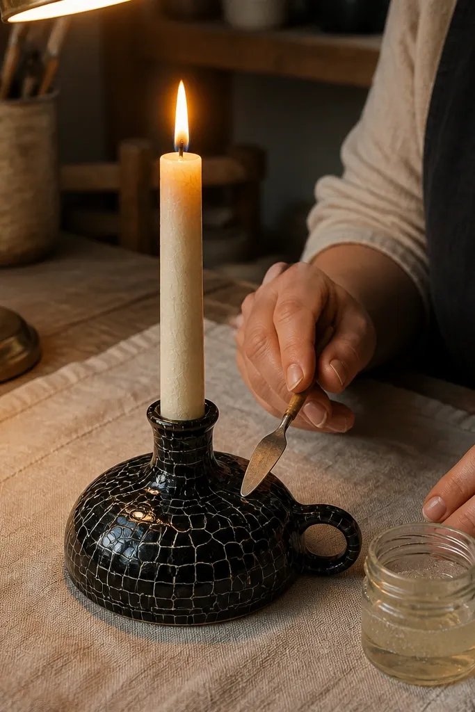 Taper candle with crackle-like lines in white over a dark base